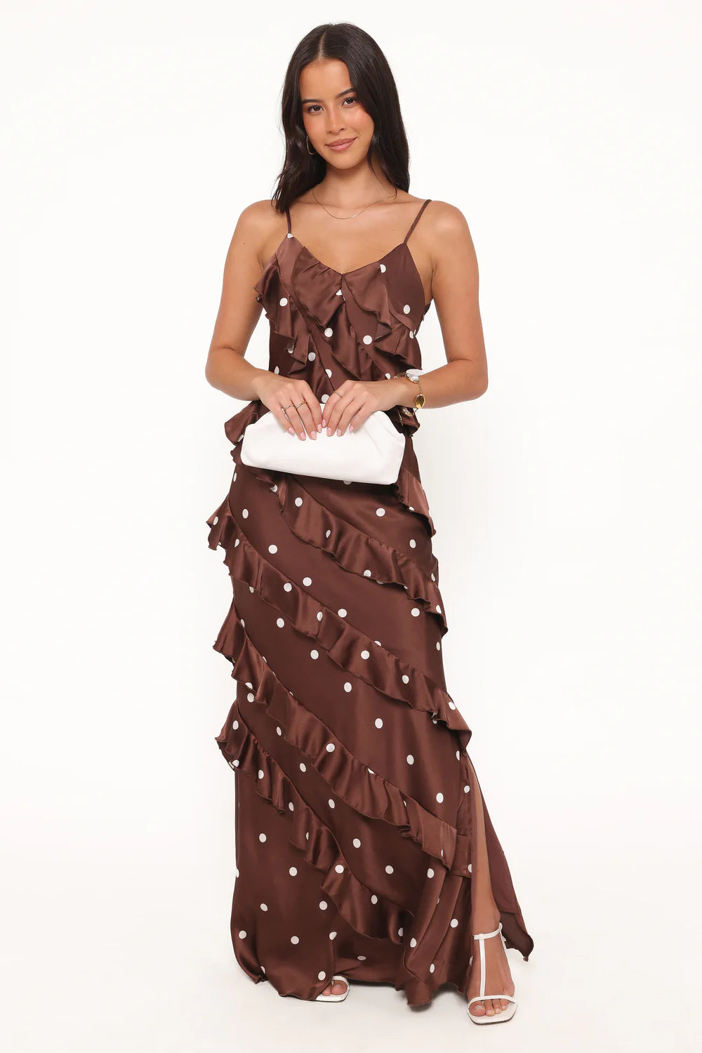 Elegant Spaghetti Strap Polka Dot Ruffle Detail Satin Maxi Prom Dress With Slit For Formal Evening Wedding Guest Bridesmaid Cocktail Party