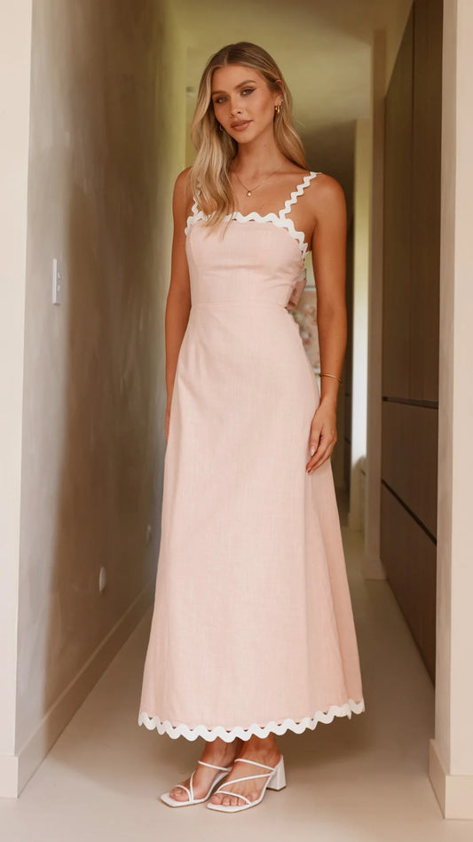 Elegant Spaghetti Strap Ricrac Trim Open Back Bow Tie Linen Blend Maxi Prom Dress For Formal Evening Wedding Guest Bridesmaid Cocktail Party