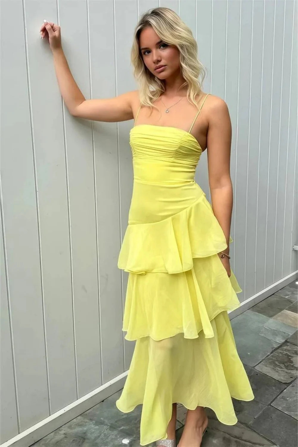 Elegant Spaghetti Strap Ruched Tiered Ruffle Chiffon Lace Up Back Maxi Prom Dress