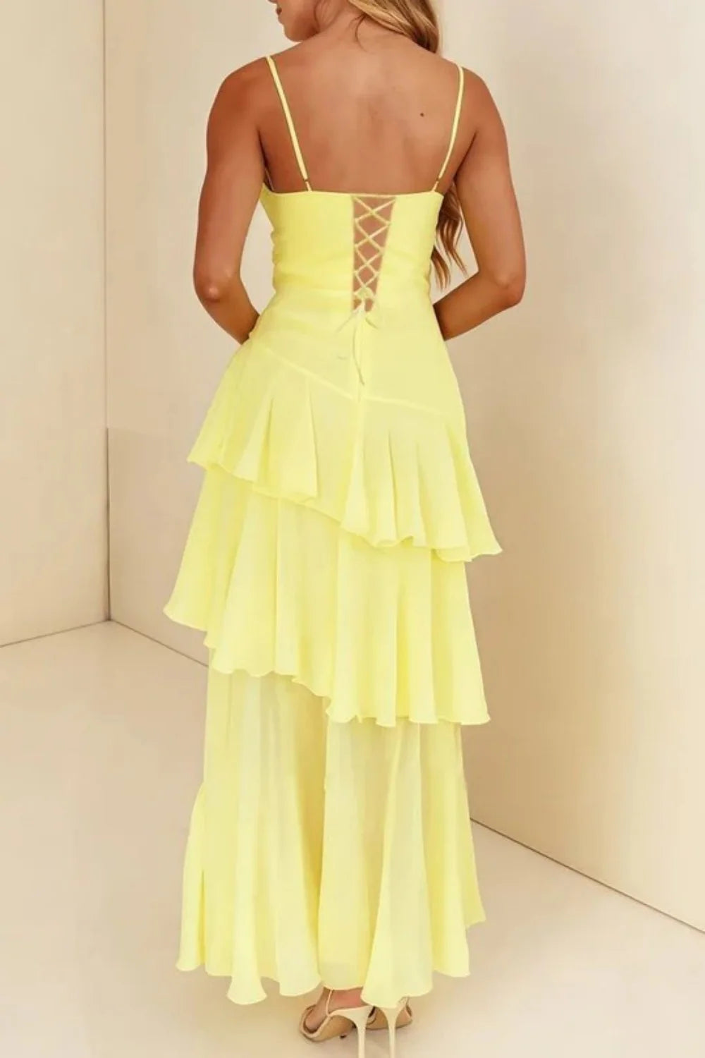 Elegant Spaghetti Strap Ruched Tiered Ruffle Chiffon Lace Up Back Maxi Prom Dress