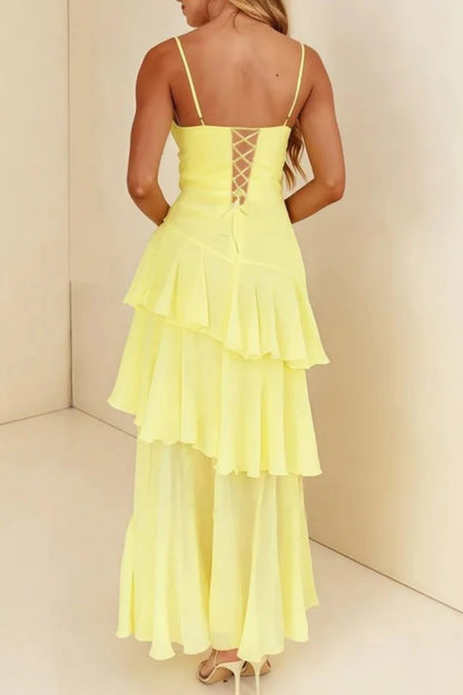 Elegant Spaghetti Strap Ruched Tiered Ruffle Chiffon Lace Up Back Maxi Prom Dress