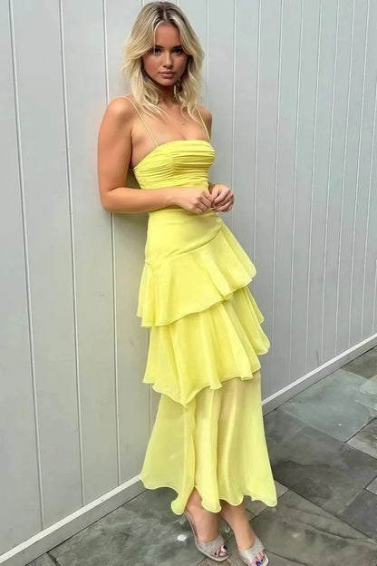 Elegant Spaghetti Strap Ruched Tiered Ruffle Chiffon Lace Up Back Maxi Prom Dress
