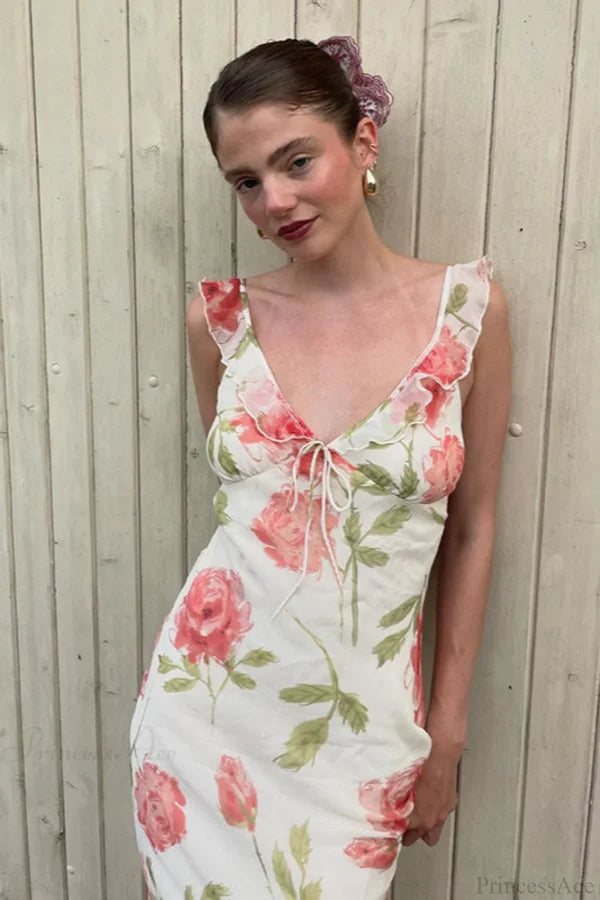 Elegant Spaghetti Strap Ruffle Trim Tie Front Watercolor Floral Print Midi Prom Dress For Wedding Guest Bridal Shower Formal Evening