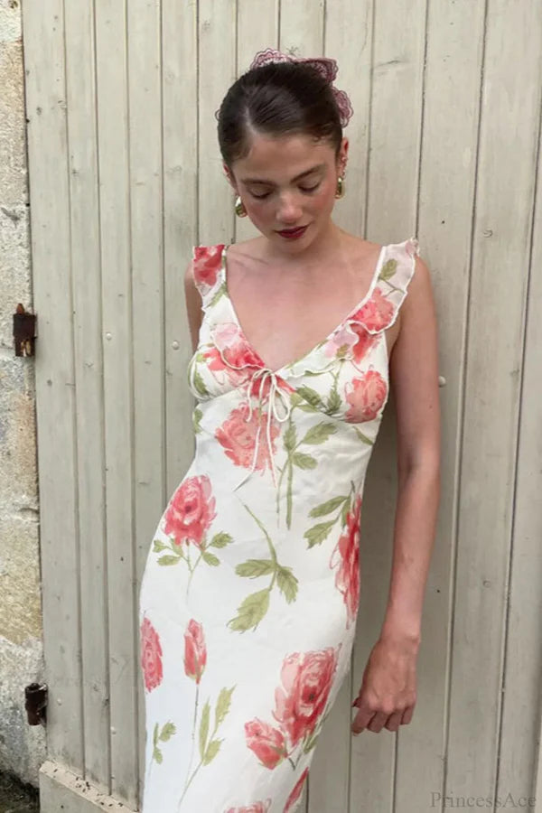 Elegant Spaghetti Strap Ruffle Trim Tie Front Watercolor Floral Print Midi Prom Dress For Wedding Guest Bridal Shower Formal Evening