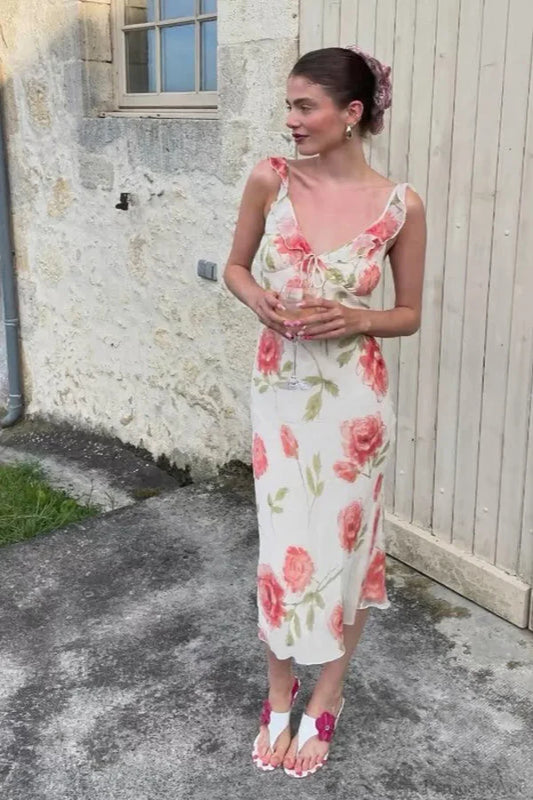 Elegant Spaghetti Strap Ruffle Trim Tie Front Watercolor Floral Print Midi Prom Dress For Wedding Guest Bridal Shower Formal Evening