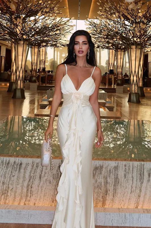 Elegant Spaghetti Strap Satin Mermaid Prom Dress With Floral Ruffle Detail For Wedding Guest Bridal Shower Formal Evening