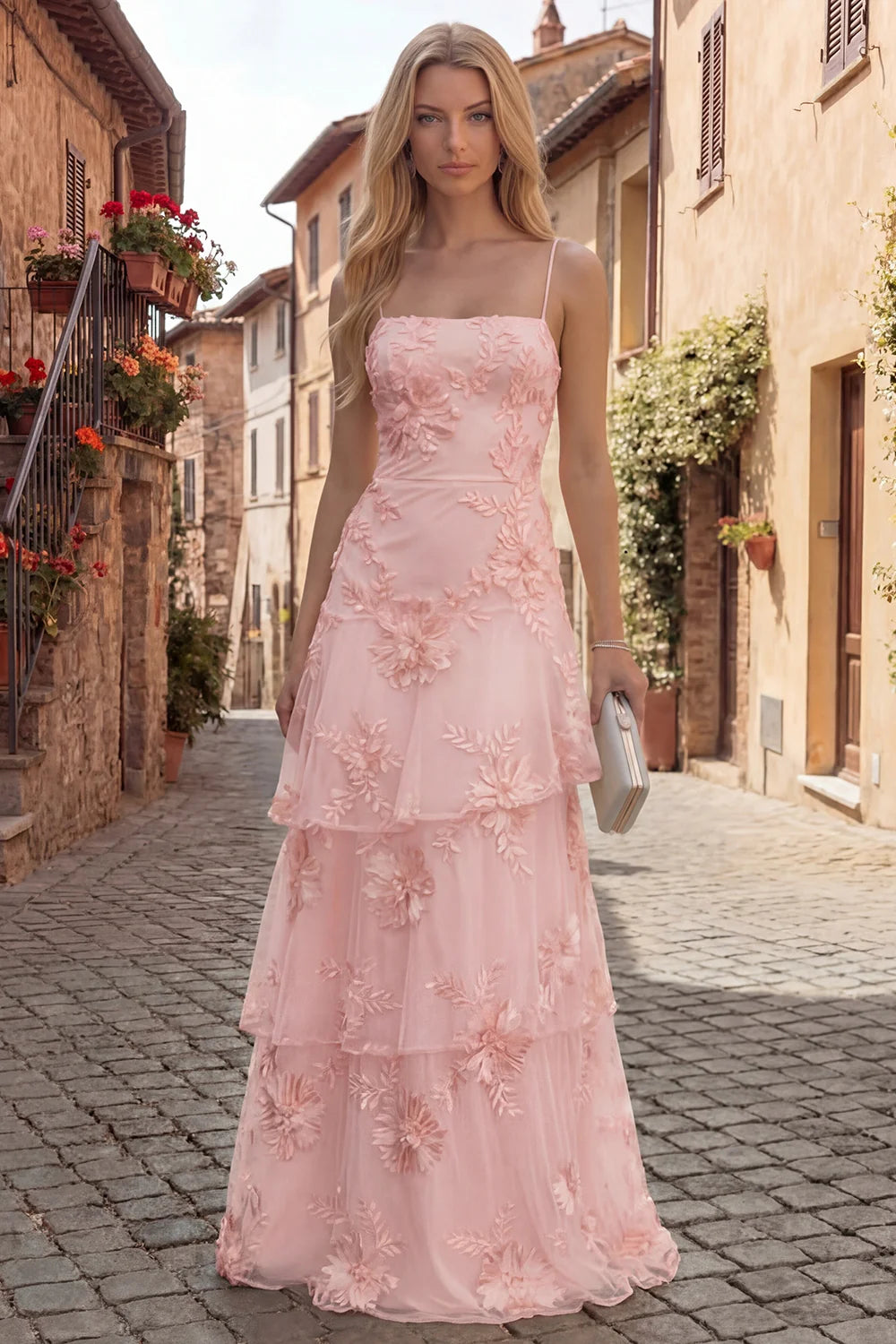 Elegant Spaghetti Strap Square Neck 3D Floral Applique Tiered Tulle Maxi Prom Dress