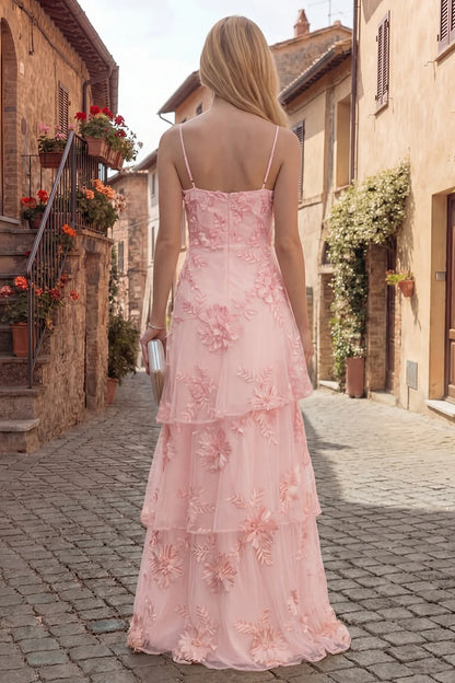 Elegant Spaghetti Strap Square Neck 3D Floral Applique Tiered Tulle Maxi Prom Dress