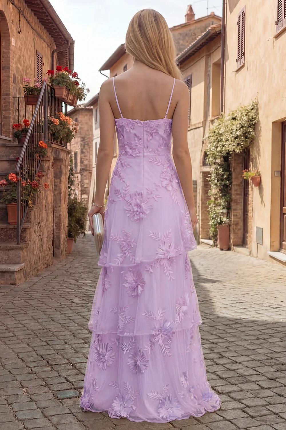 Elegant Spaghetti Strap Square Neck 3D Floral Applique Tiered Tulle Maxi Prom Dress