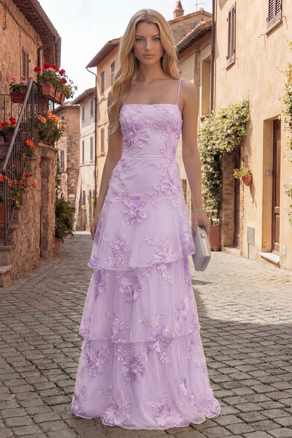 Elegant Spaghetti Strap Square Neck 3D Floral Applique Tiered Tulle Maxi Prom Dress
