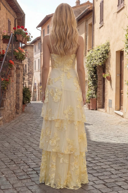 Elegant Spaghetti Strap Square Neck 3D Floral Applique Tiered Tulle Maxi Prom Dress