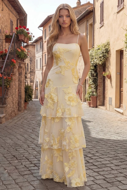 Elegant Spaghetti Strap Square Neck 3D Floral Applique Tiered Tulle Maxi Prom Dress