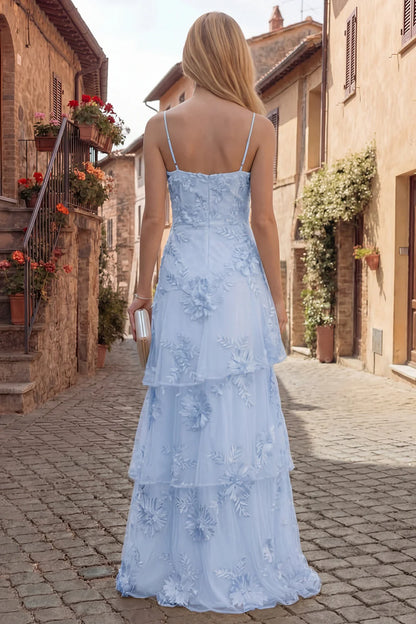 Elegant Spaghetti Strap Square Neck 3D Floral Applique Tiered Tulle Maxi Prom Dress