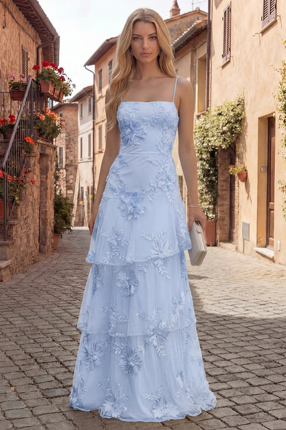 Elegant Spaghetti Strap Square Neck 3D Floral Applique Tiered Tulle Maxi Prom Dress