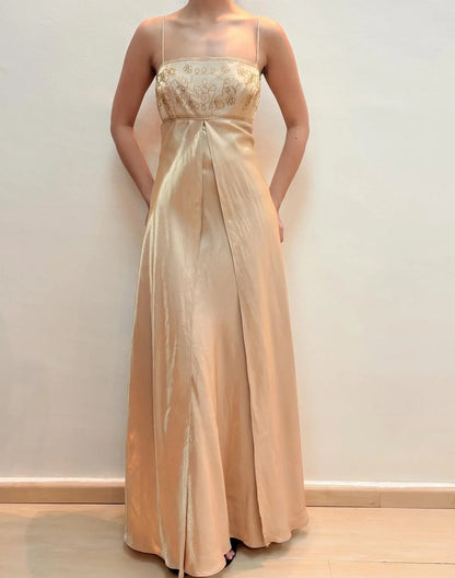 Elegant Spaghetti Strap Square Neck Beaded Embellished Satin Maxi Prom Dress