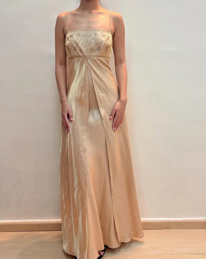 Elegant Spaghetti Strap Square Neck Beaded Embellished Satin Maxi Prom Dress