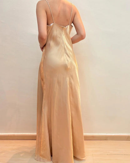 Elegant Spaghetti Strap Square Neck Beaded Embellished Satin Maxi Prom Dress