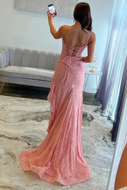 Elegant Spaghetti Strap Square Neck Lace Up Back Ruffled High Slit Lace Prom Dress with Train