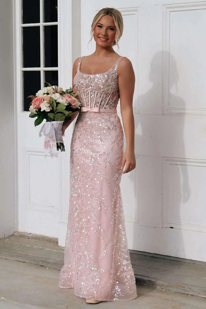Elegant Spaghetti Strap Square Neck Open Back Corset Detail 3D Floral Sequin Applique Tulle Mermaid Maxi Evening Dress For Formal Evening Prom Wedding Guest Bridesmaid Cocktail Party Gala
