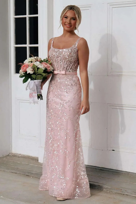 Elegant Spaghetti Strap Square Neck Open Back Corset Detail 3D Floral Sequin Applique Tulle Mermaid Maxi Evening Dress For Formal Evening Prom Wedding Guest Bridesmaid Cocktail Party Gala