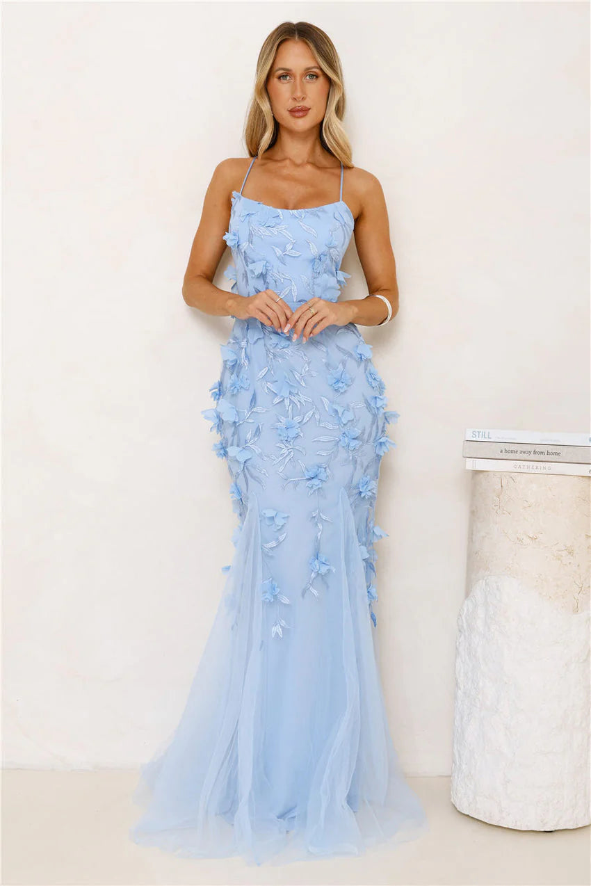 Elegant Spaghetti Strap Square Neck Open Back Criss Cross Lace Up 3D Floral Applique Tulle Mermaid Maxi Evening Dress For Formal Evening Prom Wedding Guest Bridesmaid Cocktail Party Gala