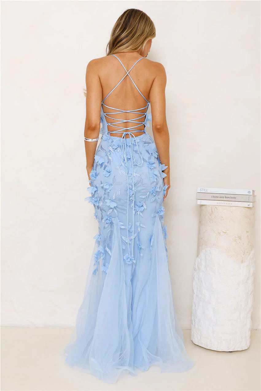 Elegant Spaghetti Strap Square Neck Open Back Criss Cross Lace Up 3D Floral Applique Tulle Mermaid Maxi Evening Dress For Formal Evening Prom Wedding Guest Bridesmaid Cocktail Party Gala