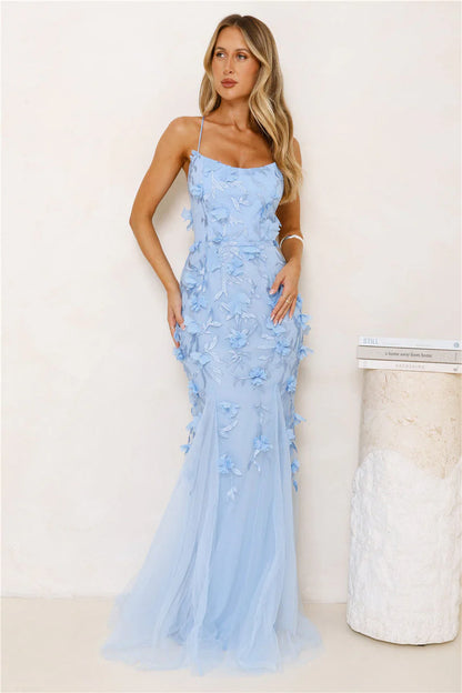 Elegant Spaghetti Strap Square Neck Open Back Criss Cross Lace Up 3D Floral Applique Tulle Mermaid Maxi Evening Dress For Formal Evening Prom Wedding Guest Bridesmaid Cocktail Party Gala