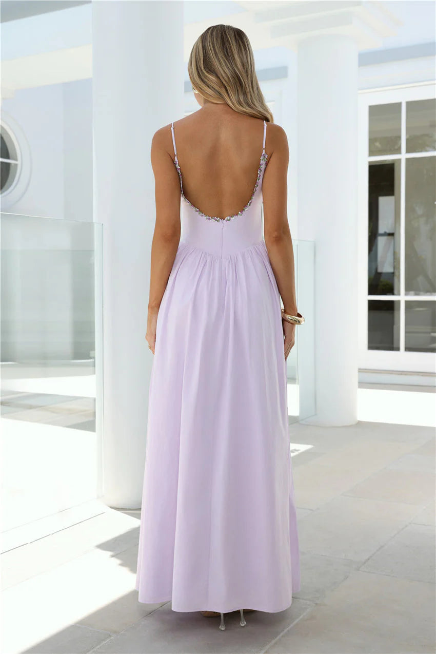 Elegant Spaghetti Strap Square Neck Open Back Floral Embroidered Detail A Line Maxi Evening Dress For Formal Evening Prom Wedding Guest Bridesmaid Cocktail Party Gala