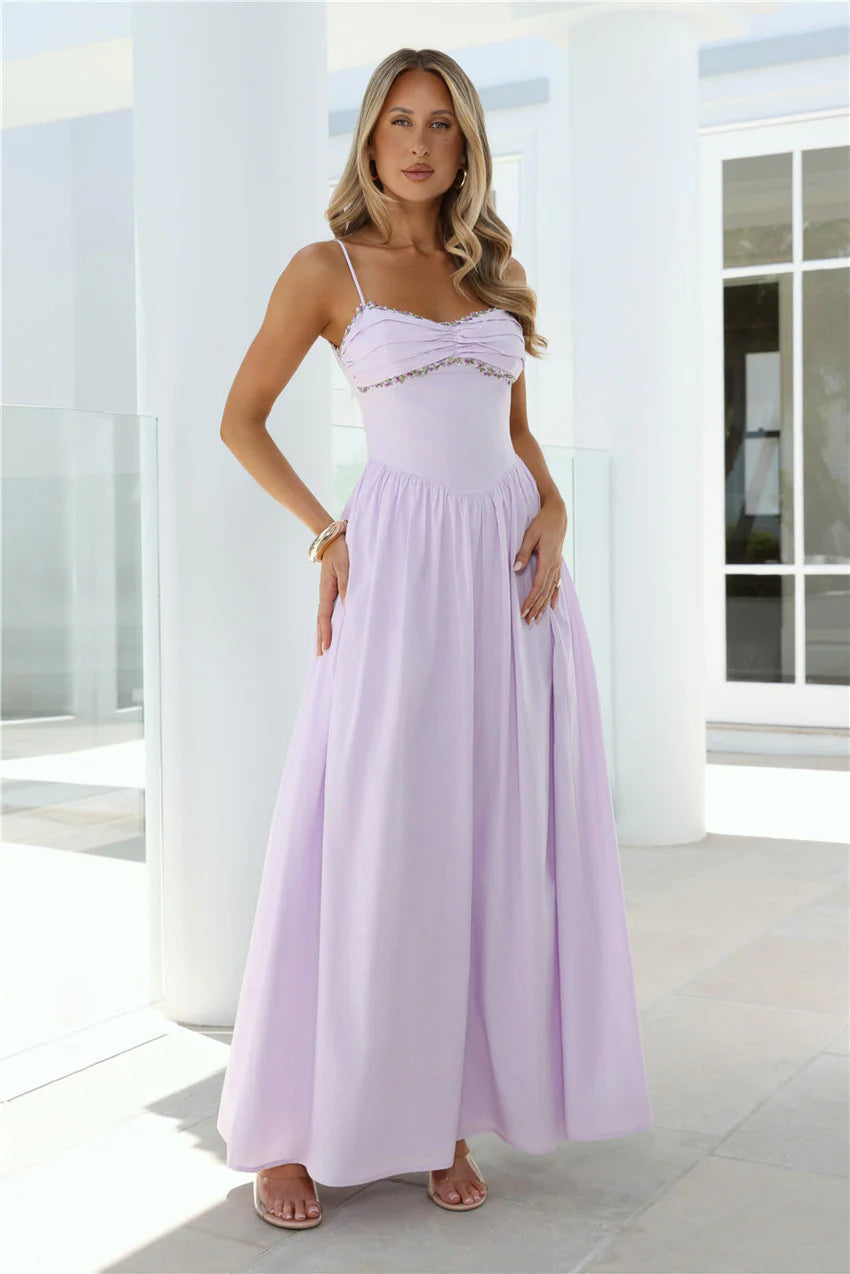 Elegant Spaghetti Strap Square Neck Open Back Floral Embroidered Detail A Line Maxi Evening Dress For Formal Evening Prom Wedding Guest Bridesmaid Cocktail Party Gala