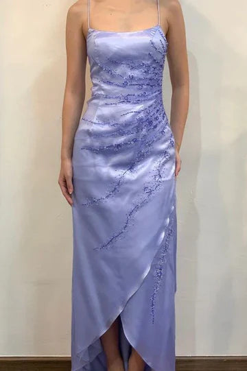 Elegant Spaghetti Strap Square Neck Open Back Lace Up Detail Beaded Applique High Slit Satin Maxi Evening Dress For Formal Evening Prom Wedding Guest Bridesmaid Cocktail Party Gala