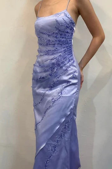 Elegant Spaghetti Strap Square Neck Open Back Lace Up Detail Beaded Applique High Slit Satin Maxi Evening Dress For Formal Evening Prom Wedding Guest Bridesmaid Cocktail Party Gala