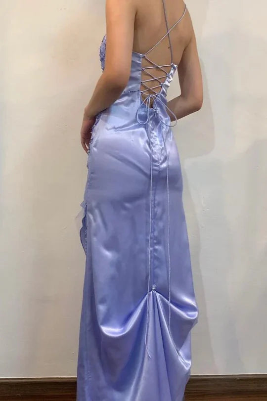 Elegant Spaghetti Strap Square Neck Open Back Lace Up Detail Beaded Applique High Slit Satin Maxi Evening Dress For Formal Evening Prom Wedding Guest Bridesmaid Cocktail Party Gala