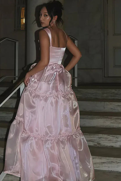 Elegant Spaghetti Strap Square Neck Open Back Ruffle Trim Tiered Satin Organza A Line Maxi Evening Dress For Formal Evening Prom Wedding Guest Bridesmaid Cocktail Party Gala