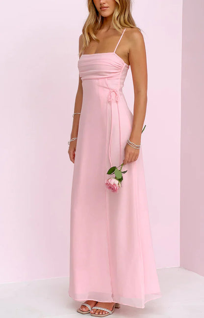 Elegant Spaghetti Strap Square Neck Ruched Bust Tie Detail Chiffon Maxi Prom Dress