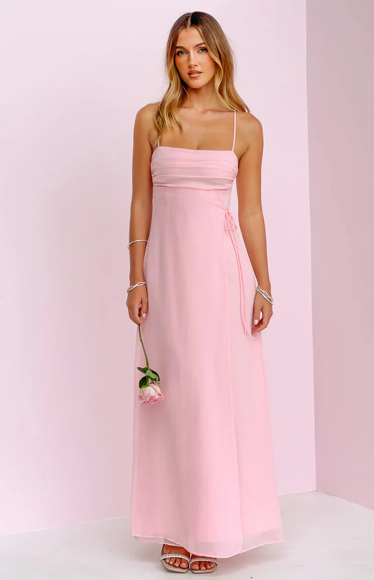Elegant Spaghetti Strap Square Neck Ruched Bust Tie Detail Chiffon Maxi Prom Dress