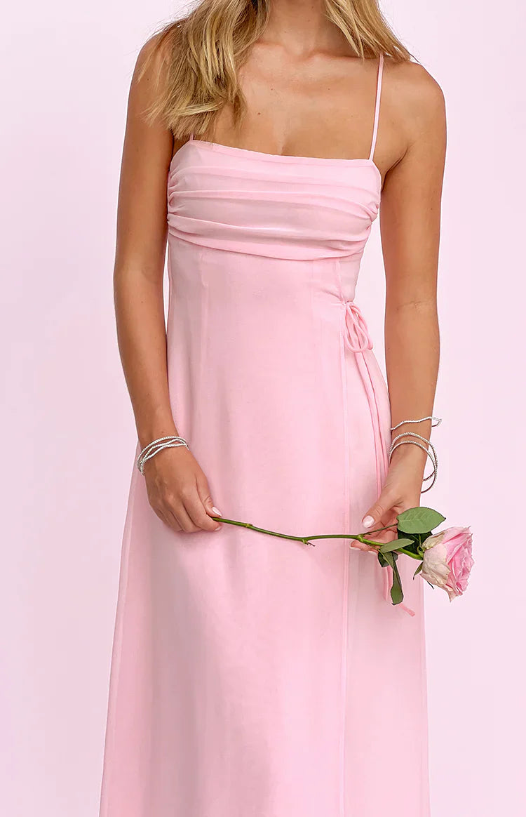 Elegant Spaghetti Strap Square Neck Ruched Bust Tie Detail Chiffon Maxi Prom Dress