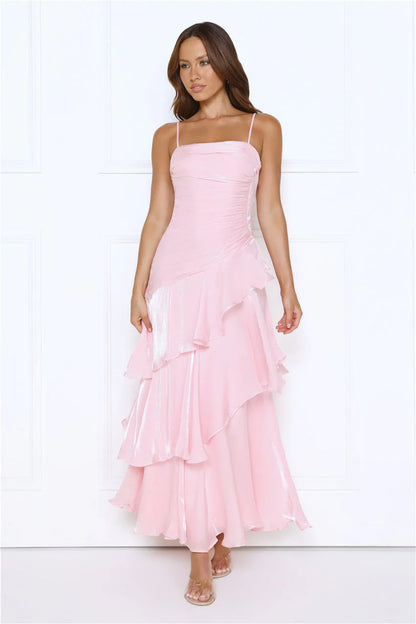 Elegant Spaghetti Strap Square Neckline Ruched Bodice Asymmetrical Ruffle Tiered Chiffon Maxi Evening Dress For Formal Evening Wedding Guest Bridal Shower Cocktail Party Prom