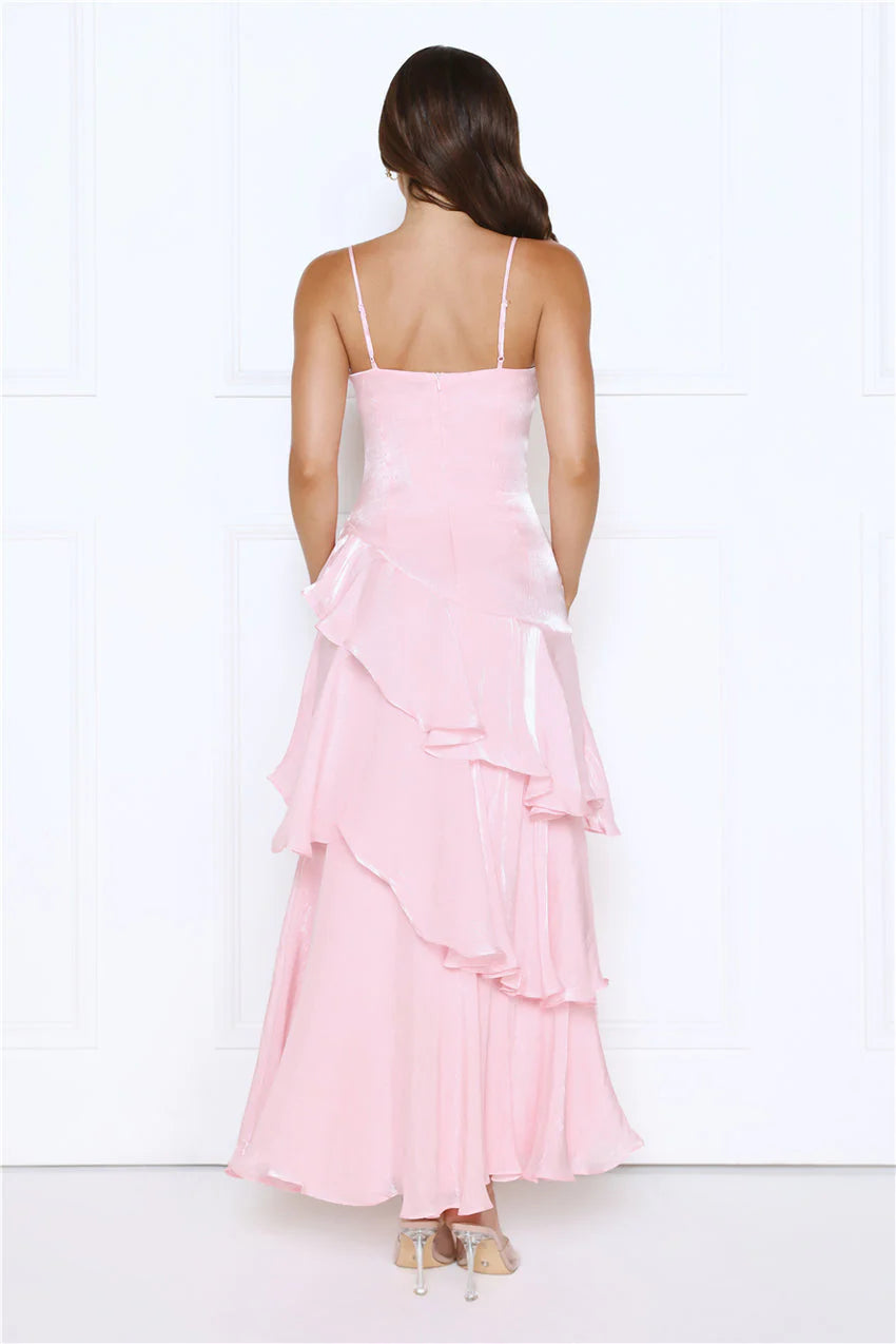 Elegant Spaghetti Strap Square Neckline Ruched Bodice Asymmetrical Ruffle Tiered Chiffon Maxi Evening Dress For Formal Evening Wedding Guest Bridal Shower Cocktail Party Prom