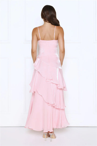 Elegant Spaghetti Strap Square Neckline Ruched Bodice Asymmetrical Ruffle Tiered Chiffon Maxi Evening Dress For Formal Evening Wedding Guest Bridal Shower Cocktail Party Prom
