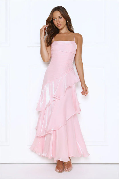 Elegant Spaghetti Strap Square Neckline Ruched Bodice Asymmetrical Ruffle Tiered Chiffon Maxi Evening Dress For Formal Evening Wedding Guest Bridal Shower Cocktail Party Prom