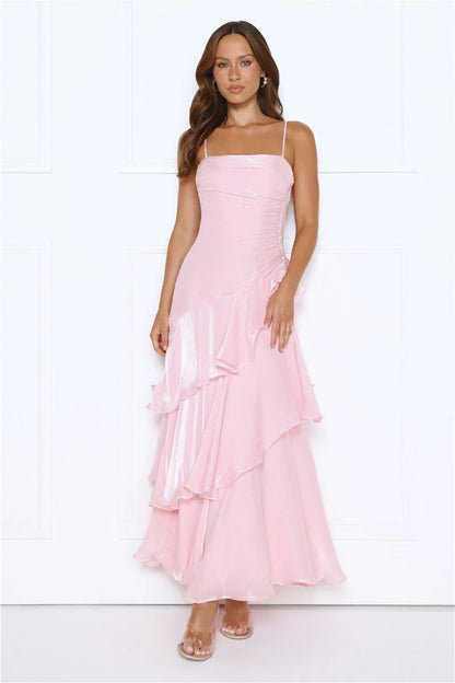 Elegant Spaghetti Strap Square Neckline Ruched Bodice Asymmetrical Ruffle Tiered Chiffon Maxi Evening Dress For Formal Evening Wedding Guest Bridal Shower Cocktail Party Prom