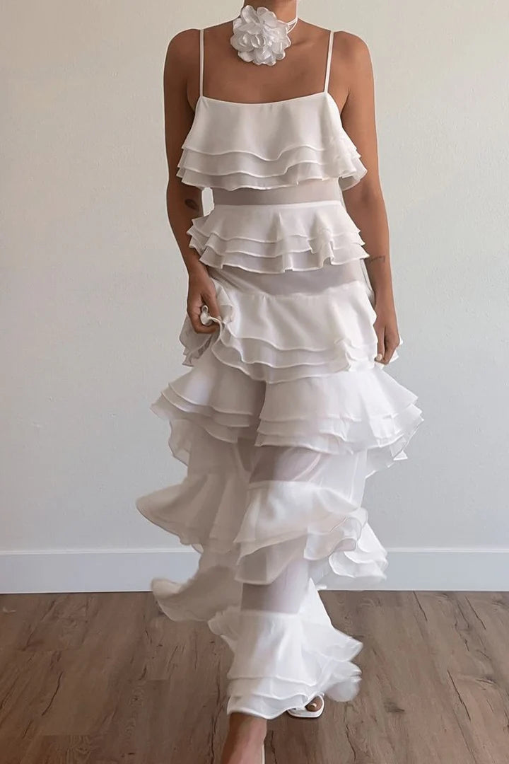 Elegant Spaghetti Strap Square Neckline Tiered Ruffle Sheer Mesh Halter Backless Evening Dress For Formal Evening Wedding Guest Bridal Shower Prom Beach Wedding