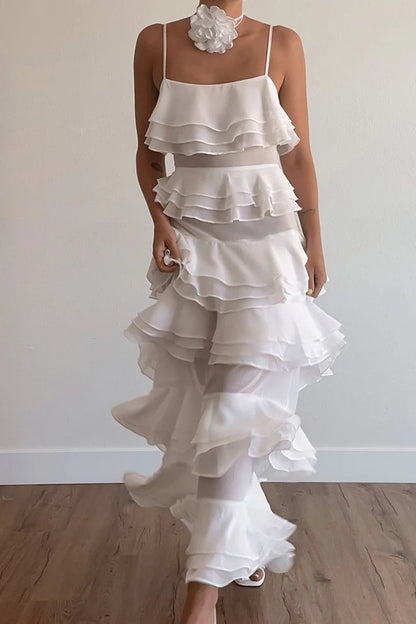 Elegant Spaghetti Strap Square Neckline Tiered Ruffle Sheer Mesh Halter Backless Evening Dress For Formal Evening Wedding Guest Bridal Shower Prom Beach Wedding