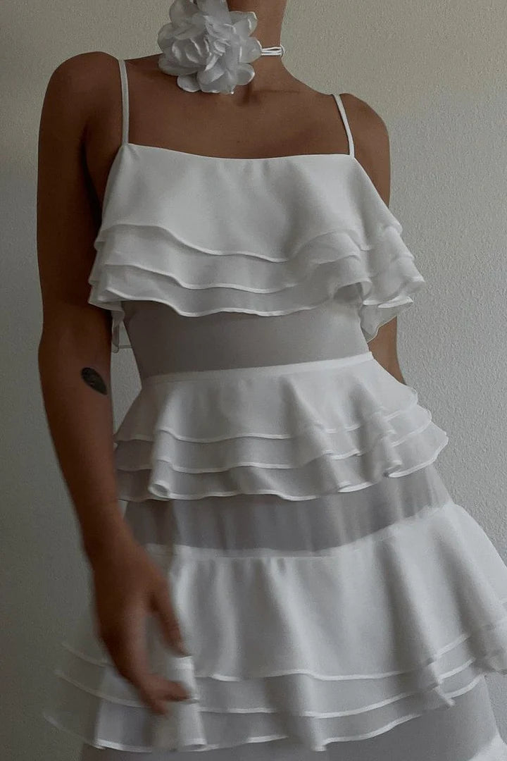 Elegant Spaghetti Strap Square Neckline Tiered Ruffle Sheer Mesh Halter Backless Evening Dress For Formal Evening Wedding Guest Bridal Shower Prom Beach Wedding