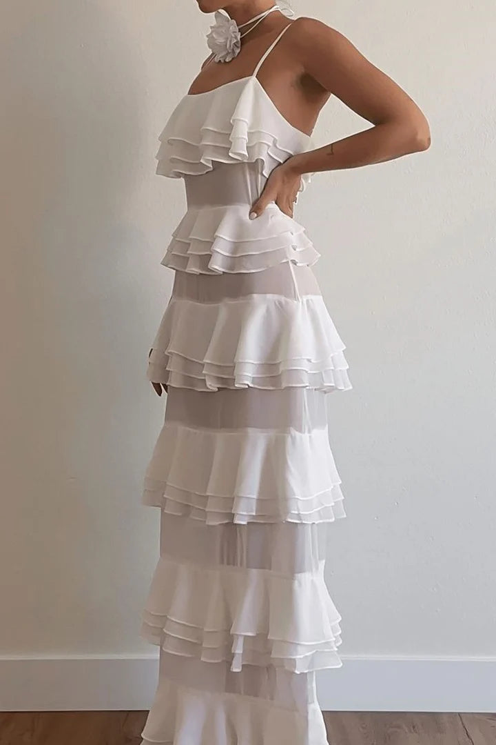 Elegant Spaghetti Strap Square Neckline Tiered Ruffle Sheer Mesh Halter Backless Evening Dress For Formal Evening Wedding Guest Bridal Shower Prom Beach Wedding