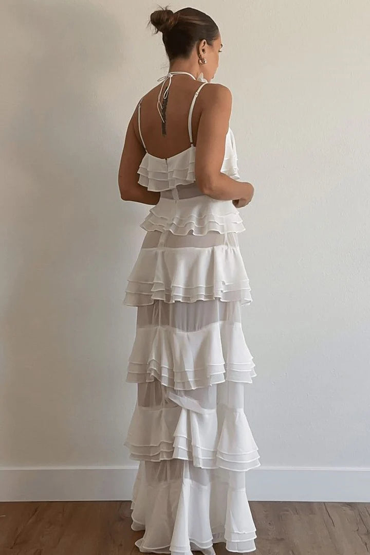 Elegant Spaghetti Strap Square Neckline Tiered Ruffle Sheer Mesh Halter Backless Evening Dress For Formal Evening Wedding Guest Bridal Shower Prom Beach Wedding