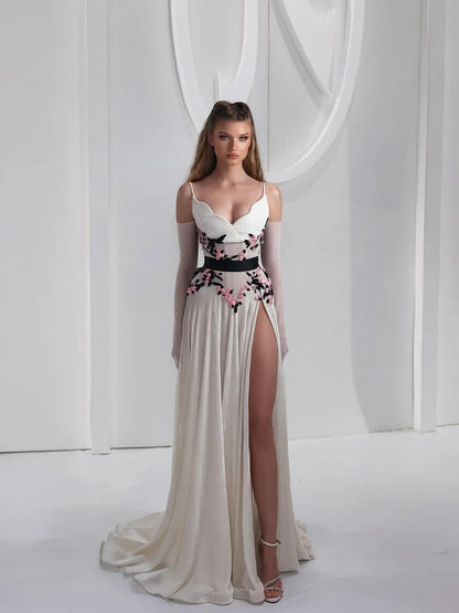Elegant Spaghetti Strap Sweetheart Neck 3D Floral Applique High Slit Satin A Line Maxi Prom Dress With Train For Formal Evening Wedding