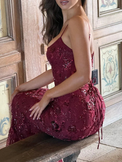 Elegant Spaghetti Strap Sweetheart Neck Burgundy Floral Sequin Lace Up Back Corset Mermaid Maxi Prom Dress For Formal Evening Wedding Guest