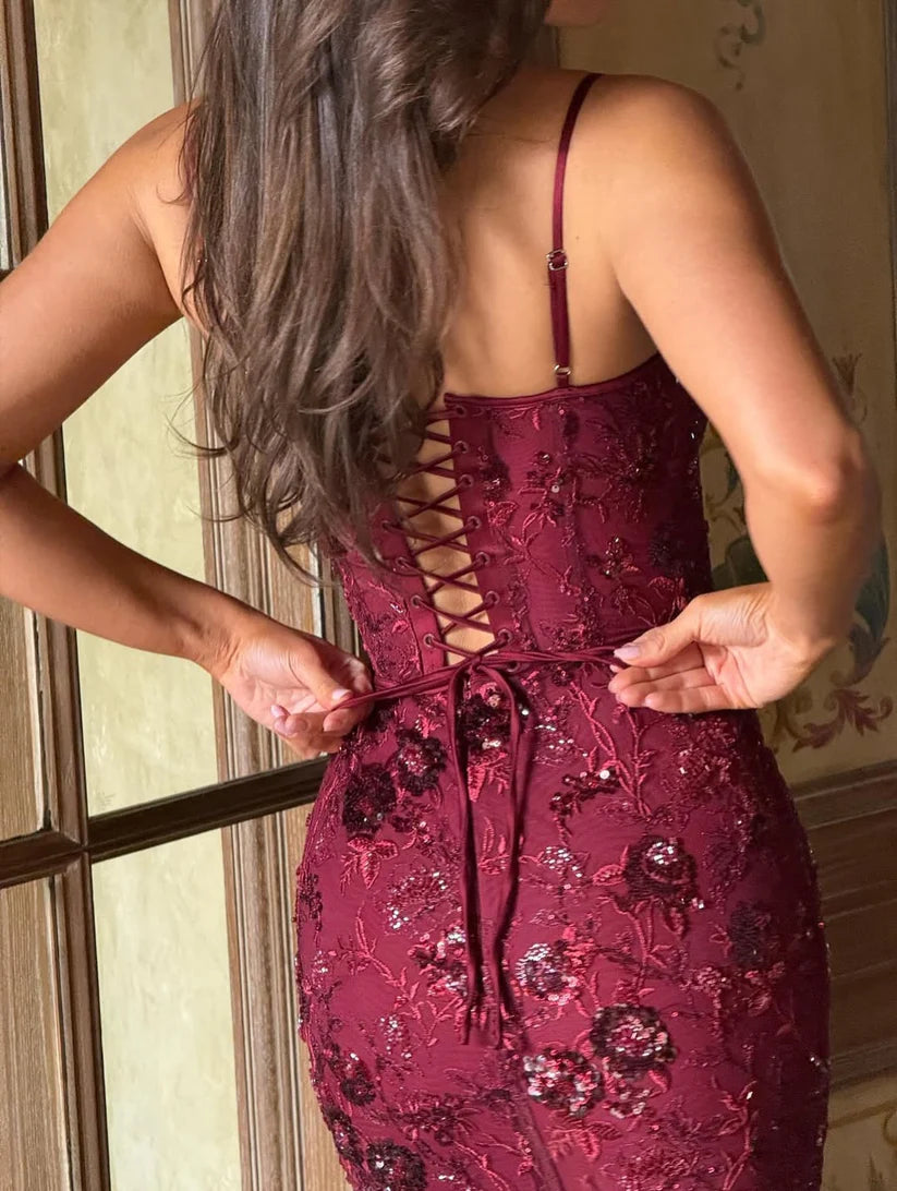 Elegant Spaghetti Strap Sweetheart Neck Burgundy Floral Sequin Lace Up Back Corset Mermaid Maxi Prom Dress For Formal Evening Wedding Guest