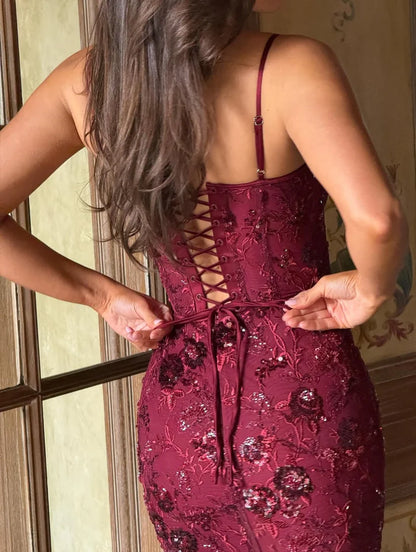 Elegant Spaghetti Strap Sweetheart Neck Burgundy Floral Sequin Lace Up Back Corset Mermaid Maxi Prom Dress For Formal Evening Wedding Guest